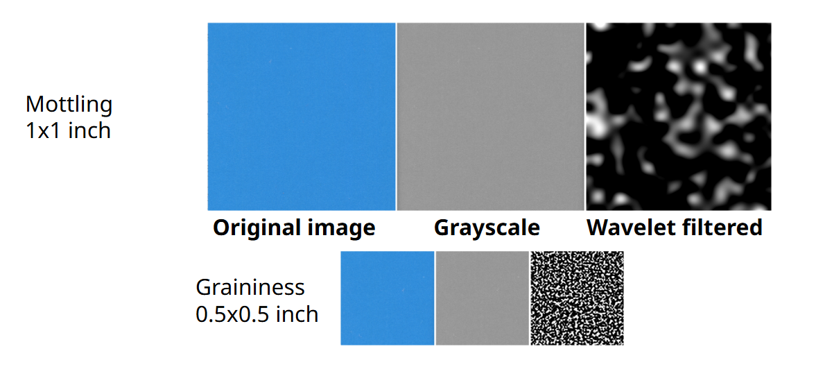 Mottling (1 × 1 inch) and graininess (0.5 × 0.5 inch) regions shown as the original scan, the greyscale image and the wavelet-filtered image used in the calculation.