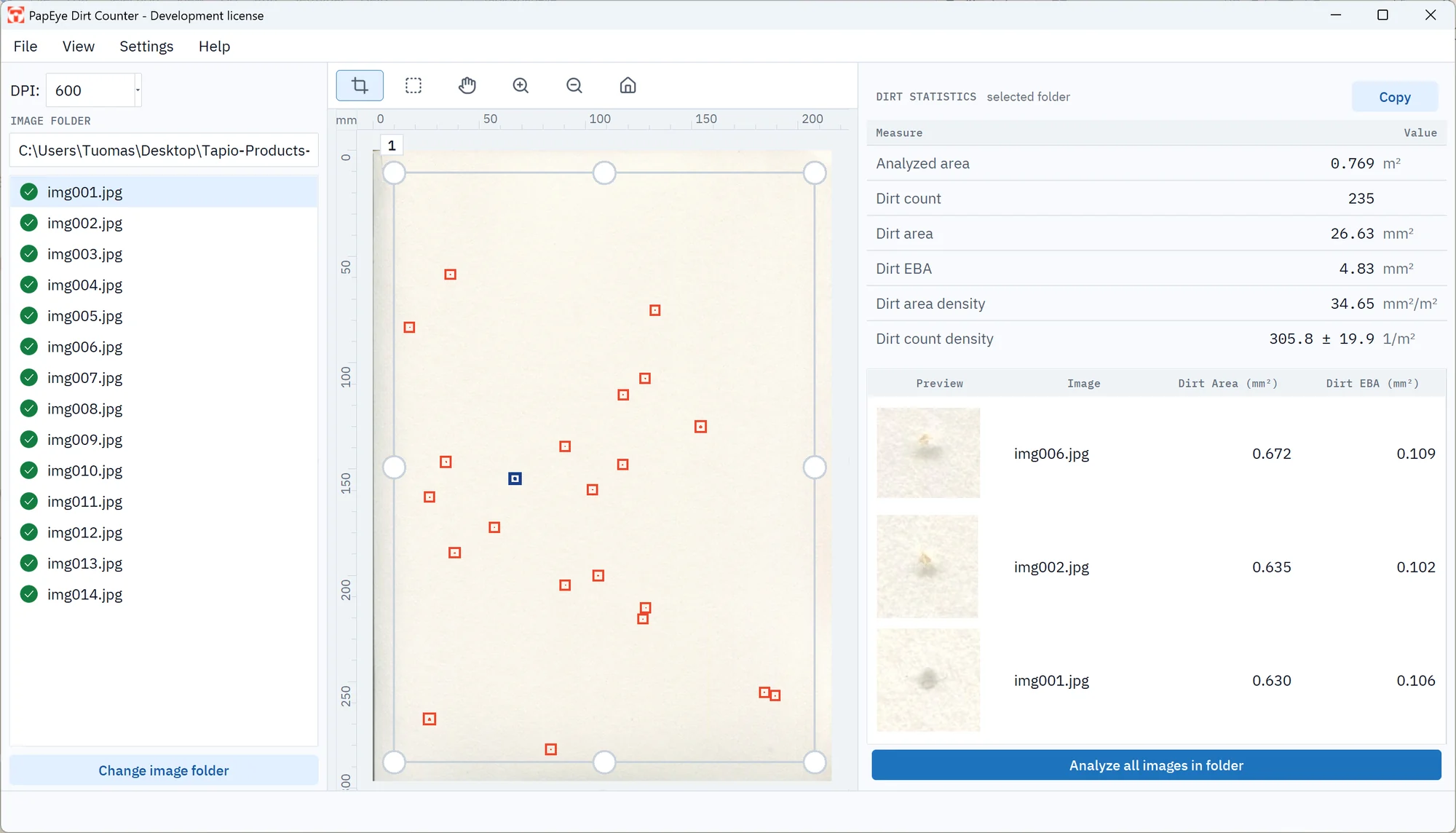 The PapEye Dirt Counter window: a folder of 14 scans at 600 DPI, the detected dirt specks marked on the selected scan, and the folder's dirt statistics with close-ups of the largest specks.