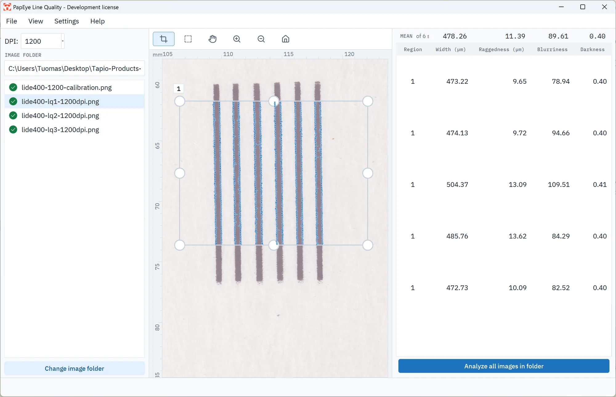 The PapEye Line Quality window with six printed lines in a measurement region, their detected edges, and a table of width, raggedness, blurriness and darkness per line.