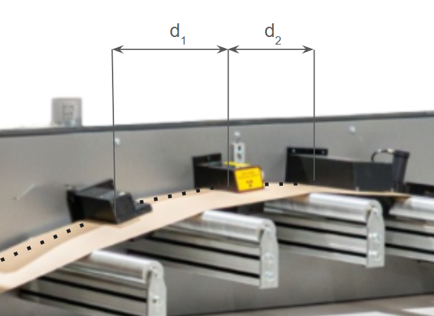 Paper web passing over rollers under multiple inline sensors, with distances (d₁, d₂) shown between sensors to illustrate synchronized measurement of the same point in the sheet.
